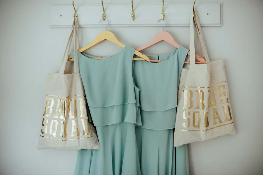 mint colour bridesmaids dresses and bride's squad goody bags