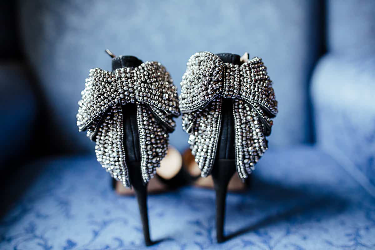 black bridal shoes stiletto with bow ties on the back