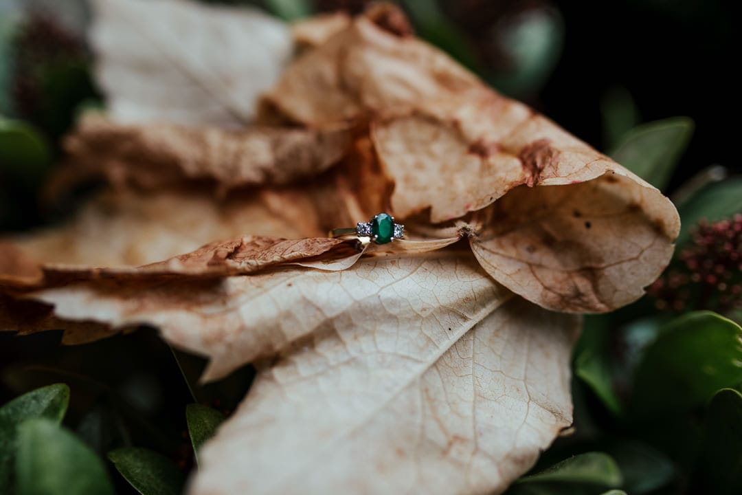 emerald engagement ring among autumn leaves