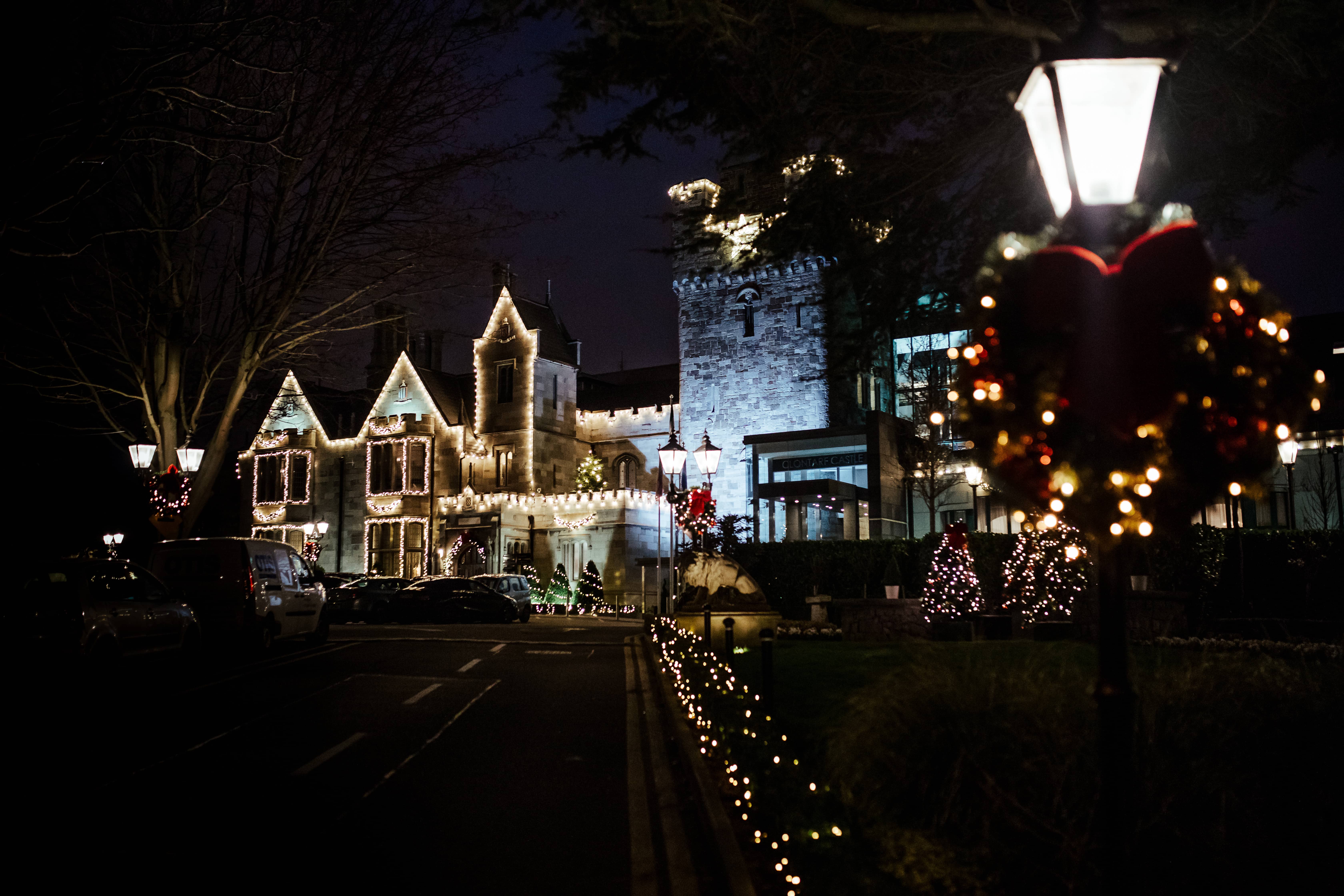 clontarf castle hotel at night christmas lights winter wedding