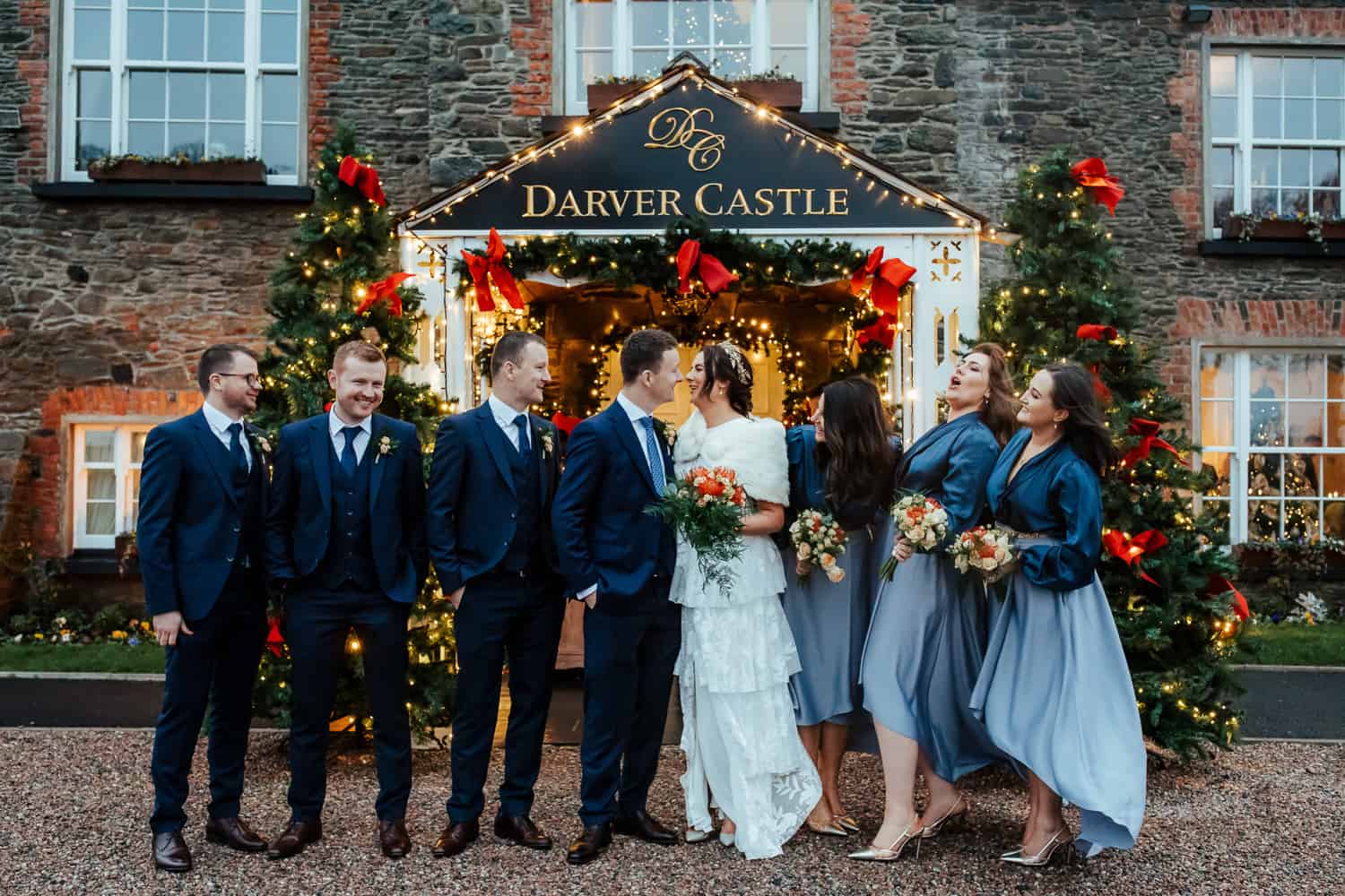 bridal party in navy for christmas wedding at darver castle