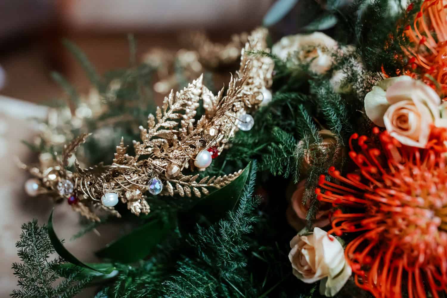 golden bridal crown for christmas wedding